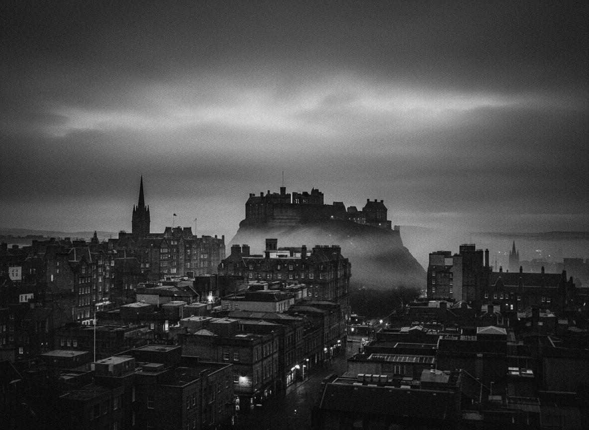 Moody cinematic black and white photograph of an Edinburgh cityscape at dusk, the silhouette of the Old Town skyline with the castle and spires against a dramatic overcast sky, atmospheric mist, high contrast, grainy film aesthetic, editorial and literary mood